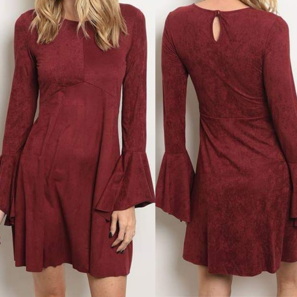 DELANEY FAUX SUEDE FLARE SLEEVE DRESS (BURGUNDY)